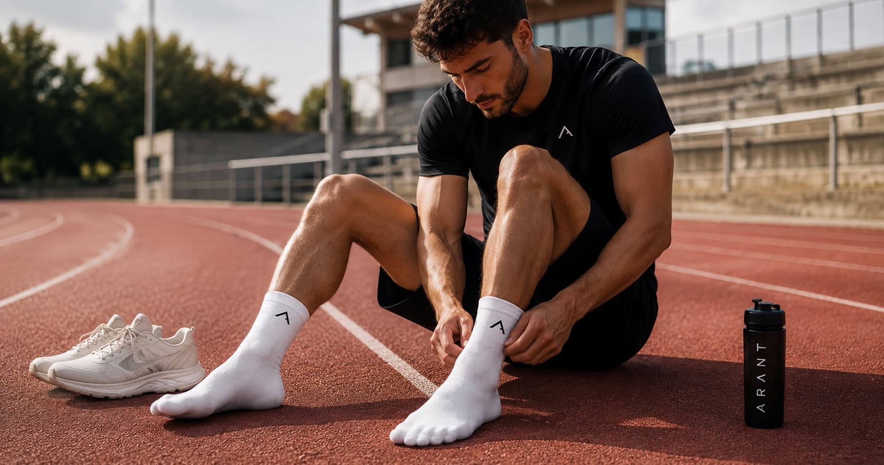 Runner sitting on the track adjusting their five-toe socks